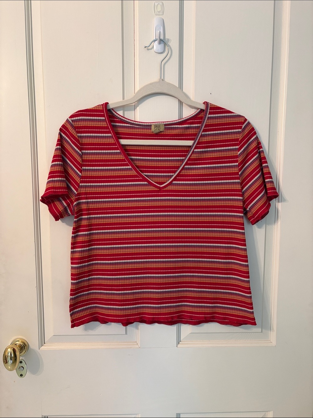 True Craft Red Striped V-Neck Top